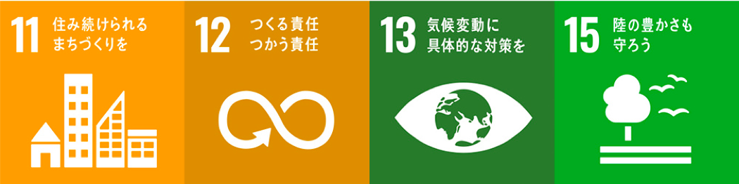 11.住み続けられるまちづくり 12.つくる責任つかう責任 13.気候変動に具体的な対策を 15.陸の豊かさも守ろう